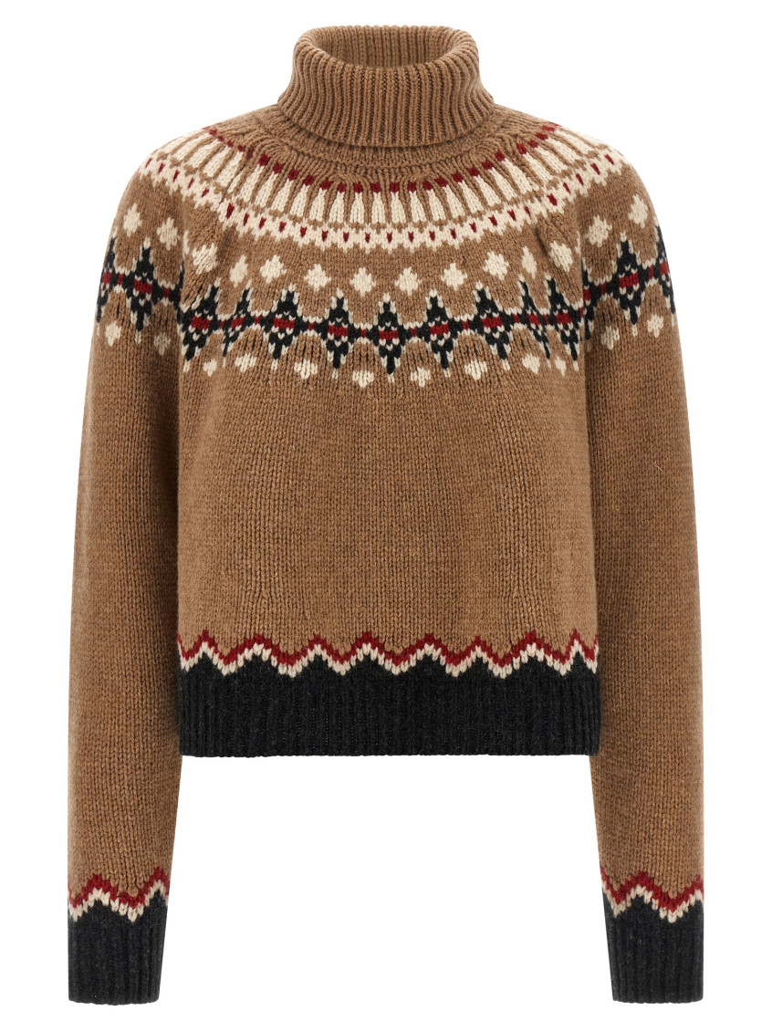Alanui Patterned Camel Turtleneck Sweater With Geometric And Floral Motifs In Brown