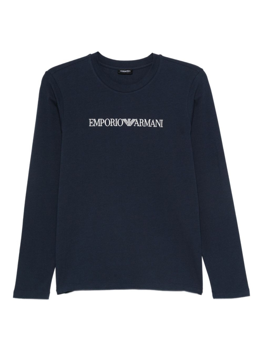 Emporio Armani Crew Neck Cotton Blend Long Sleeves Pajamas In Blue