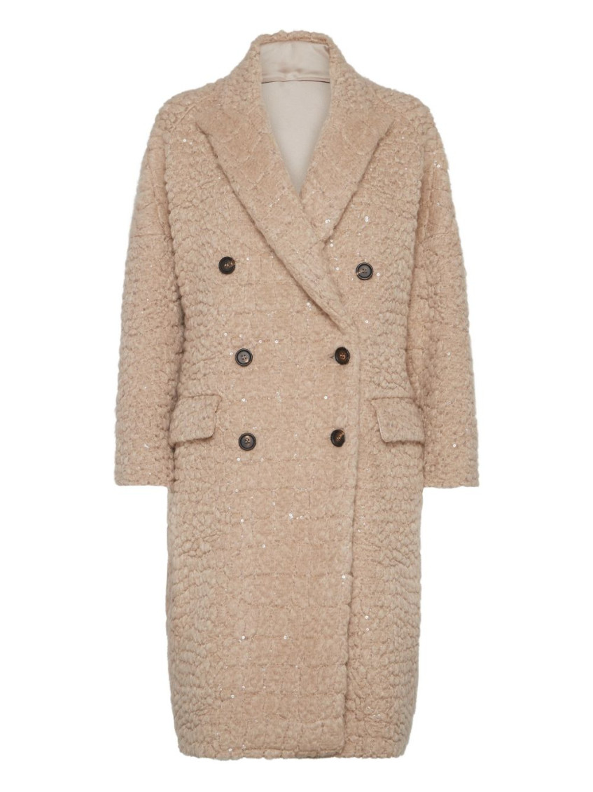 Brunello Cucinelli Boucle Double-breasted Coat Sequin Embellishment In Brown