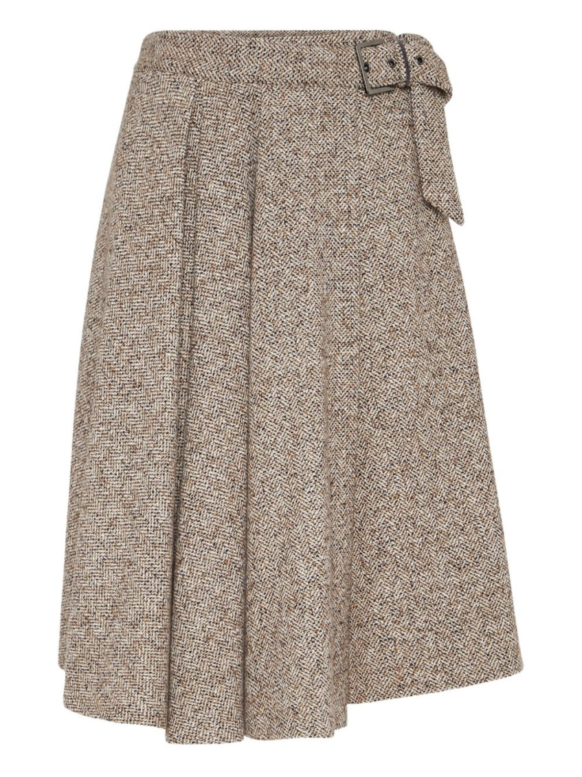 Brunello Cucinelli Belted Asymmetric Pleated Bead-embellished Wool-blend Wrap Skirt In Gray