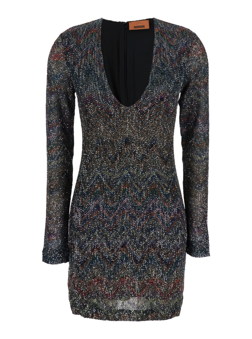 Missoni Multicolour Dress With Deep Neckline And All-over Sequins In Viscose Woman In Animal Print