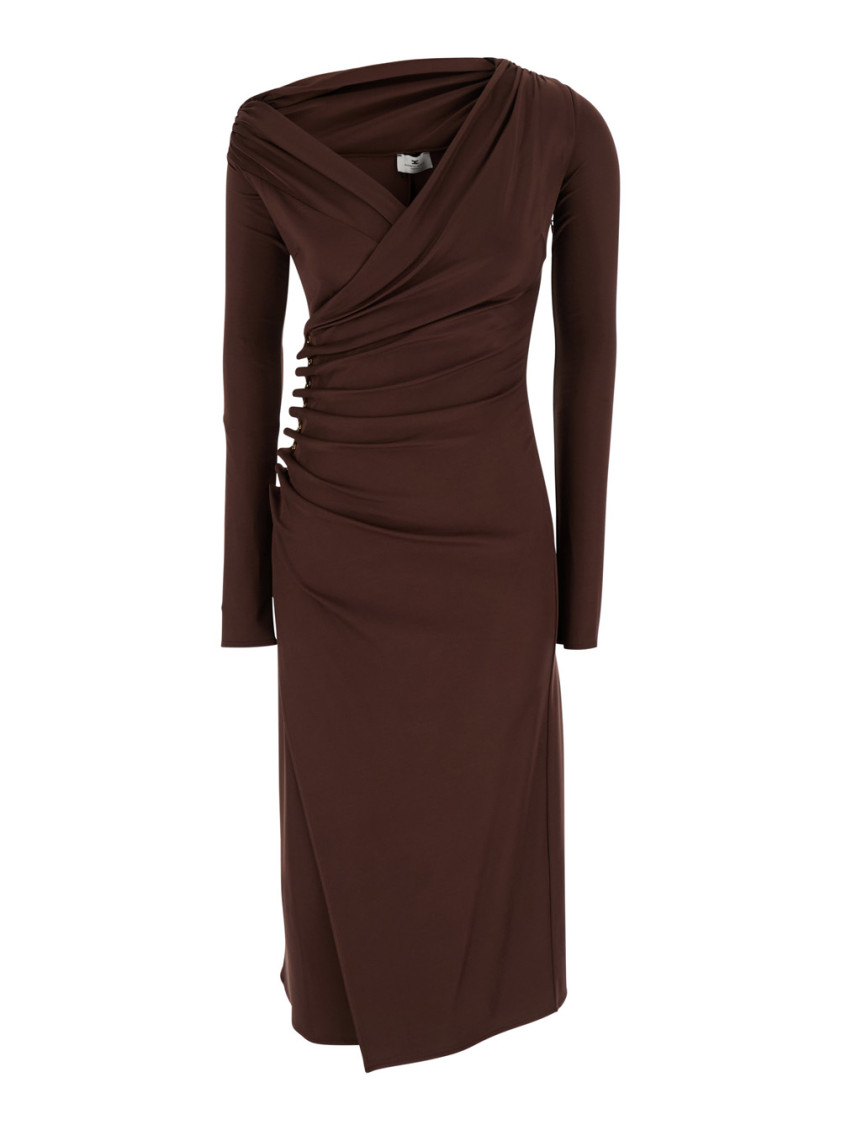 Elisabetta Franchi Brown Draped Midi Dress With Asymmetric Neckline In Viscose Stretch Woman In Animal Print