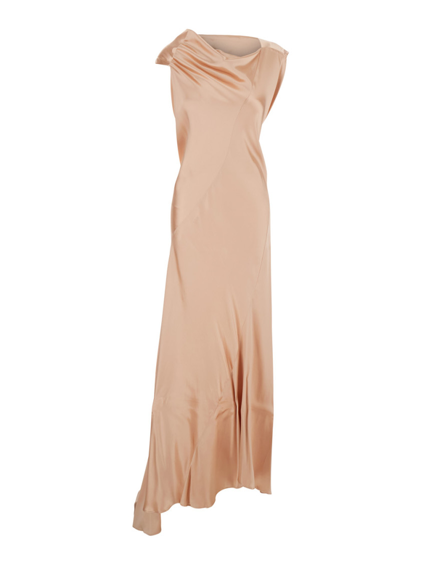 Alberta Ferretti Women Pink Long Dress With Draped Details In Shiny Satin Woman In Animal Print