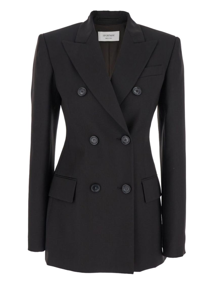 Sportmax Black Slim Double-breasted Jacket Wth Rhinestone Detail In Stretch Polyamide Woman In Animal Print