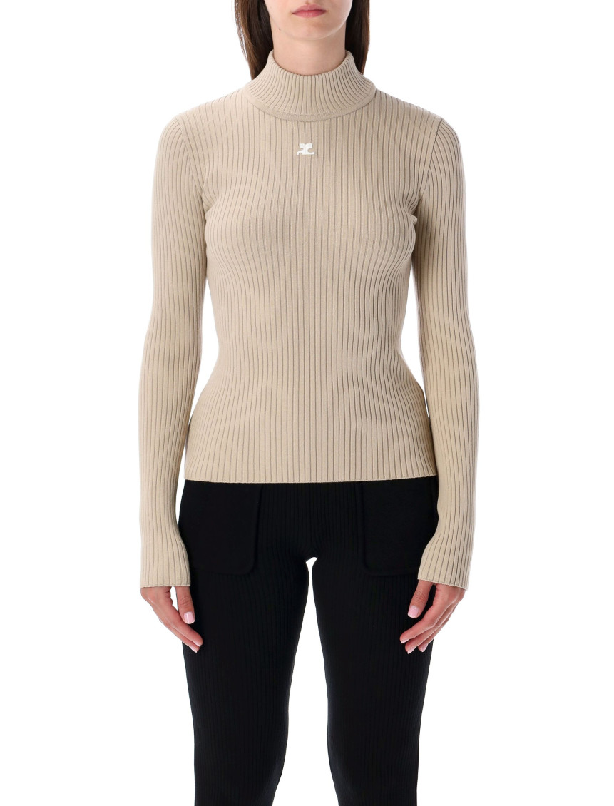Courrèges Ribbed Turtleneck Top With Embroidered Logo In Brown