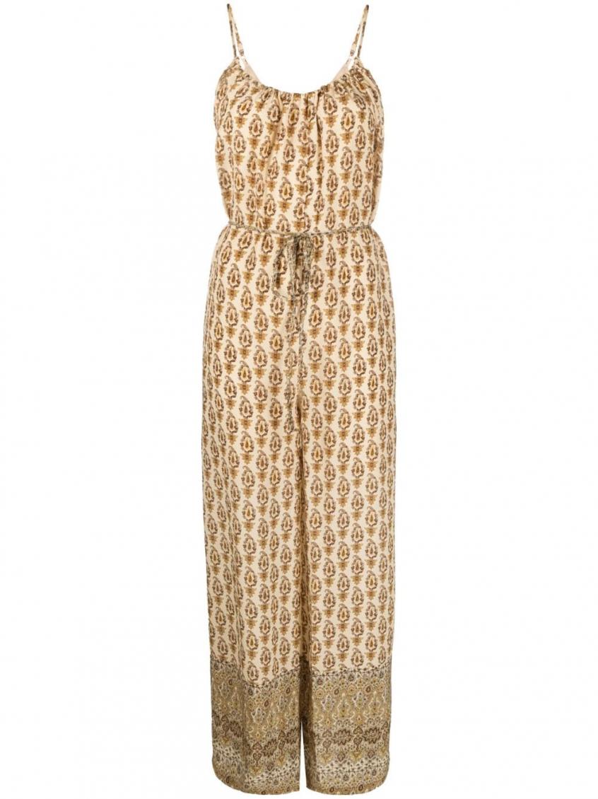 Gold Hawk Printed Silk Jumpsuit In Beige