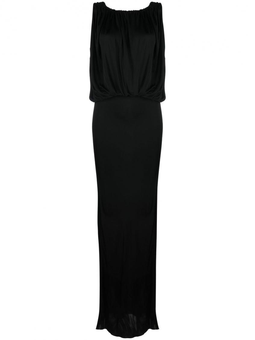 Saint Laurent Shoulder-baring Long Dress With Gathered Accents In Black