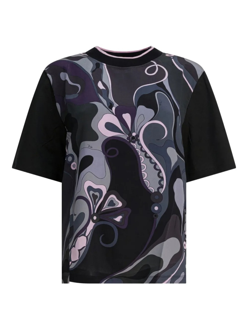 Pucci Cotton And Silk Crewneck T-shirt With Print T-shirts Black In Multi