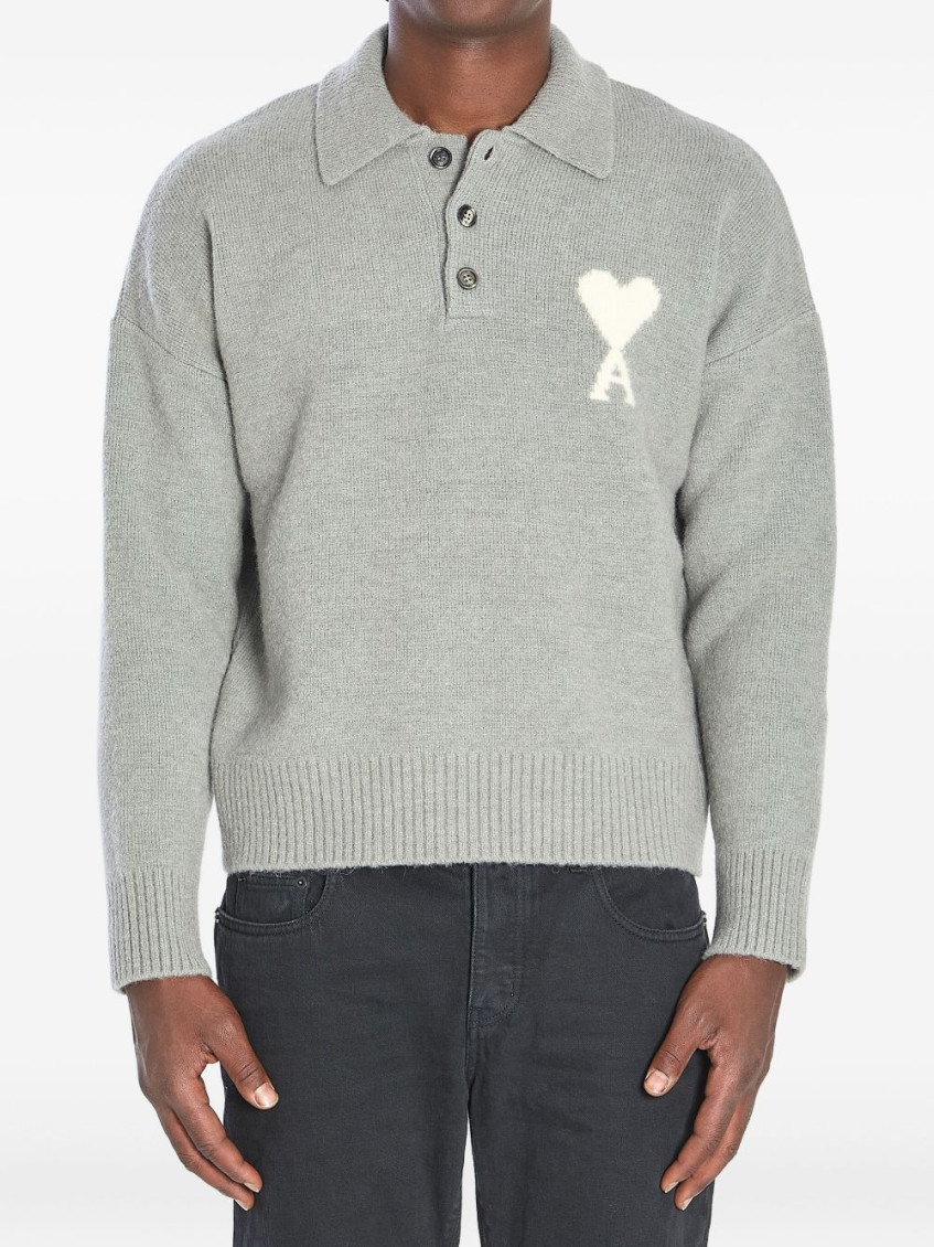 Ami Alexandre Mattiussi Ami Paris Polo Ami De Coeur With Embroidery In Gray
