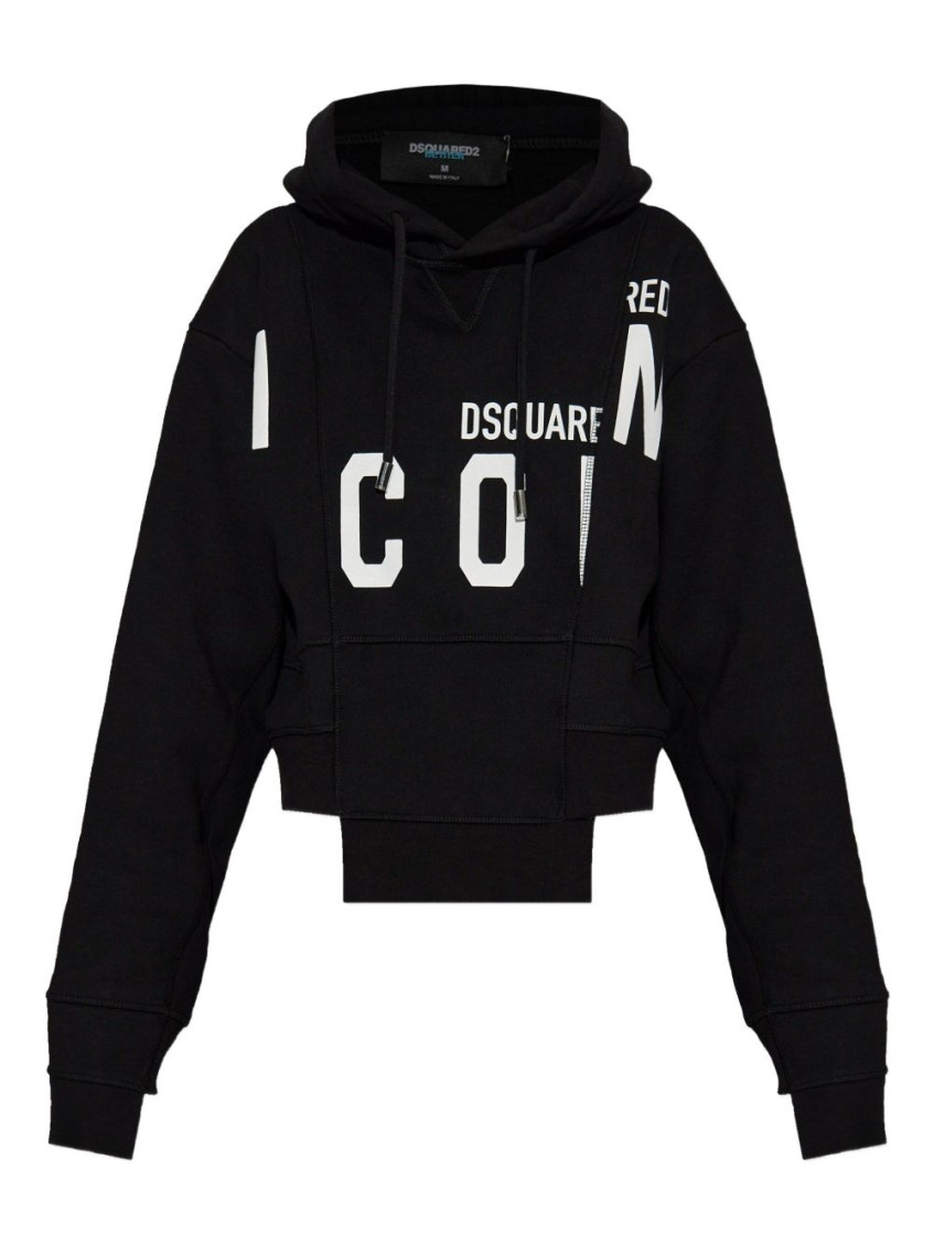 Dsquared2 Asymmetric Hem Cropped Hoodie Drawstring In Black