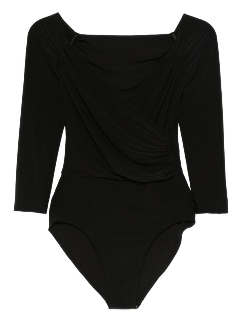 Norma Kamali Draped Black Bodysuit Top With Deep V-neckline In Black