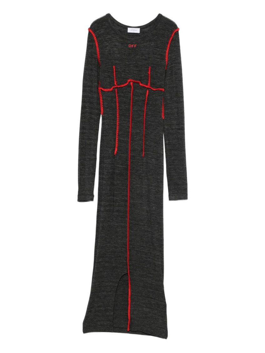 Off-white Fitted Midi Dress With Contrast Stitching In Gray