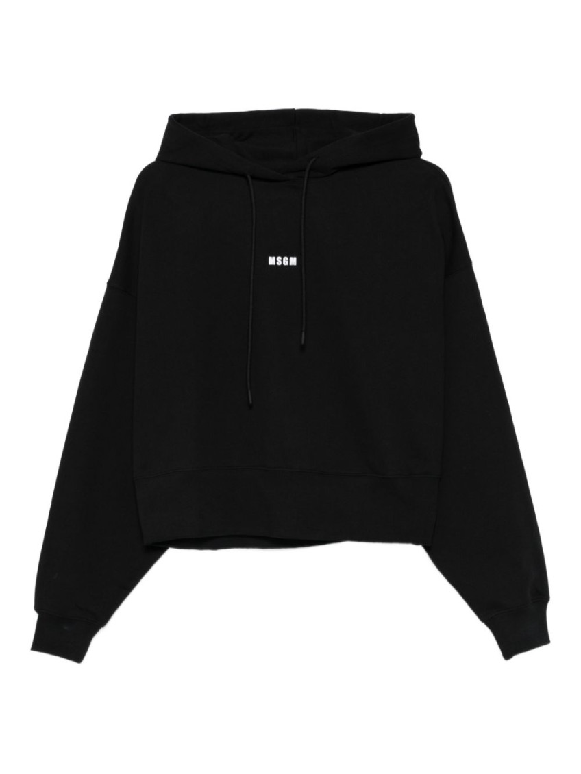 Msgm Cropped Black Sweatshirt With Drawstring Hood In Black