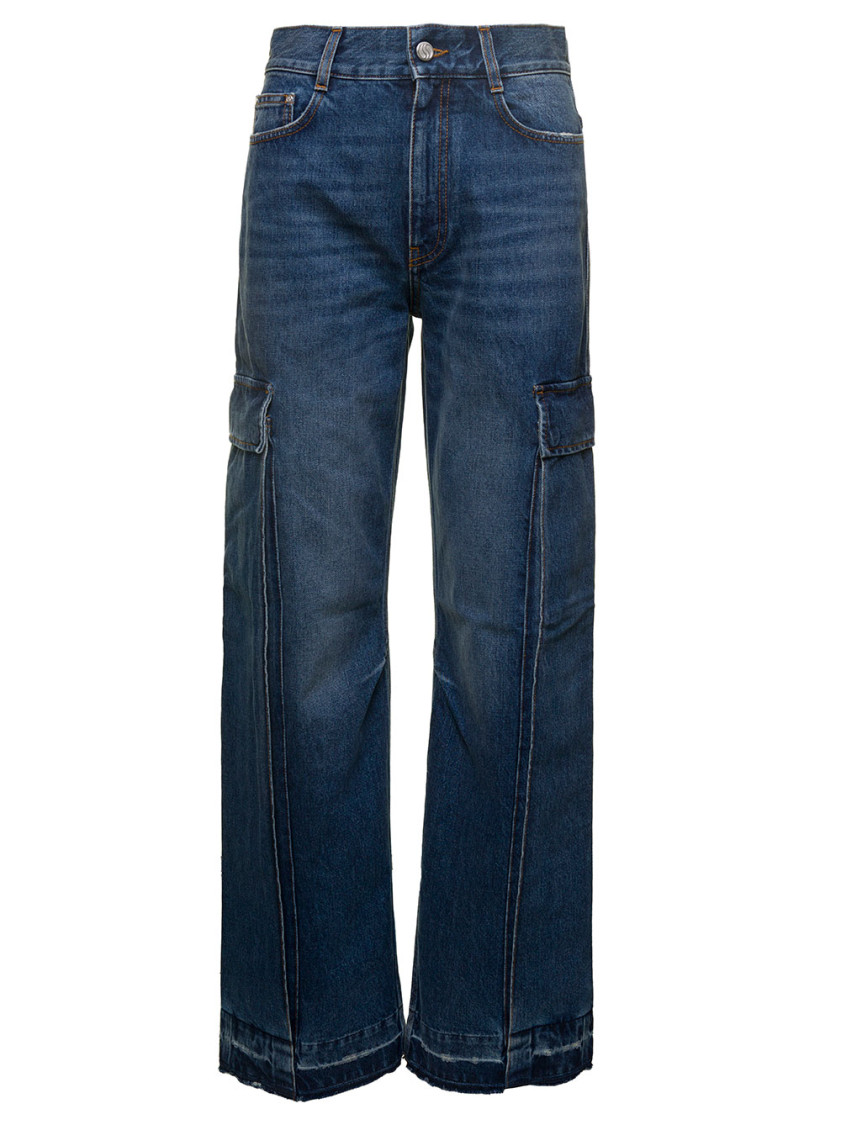 Stella Mccartney Blue Flare Cargo Jeans With Logo Patch In Blue