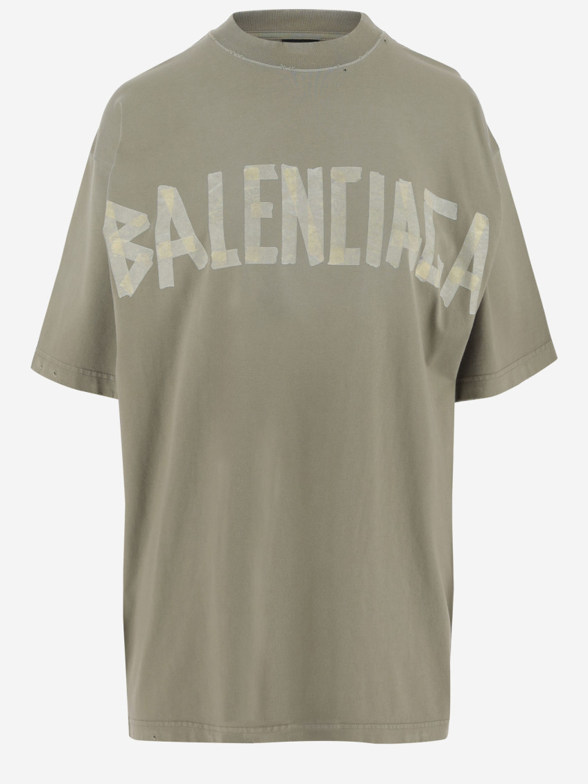 Balenciaga Crew Neck Distressed Neckline Graphic Print In Green