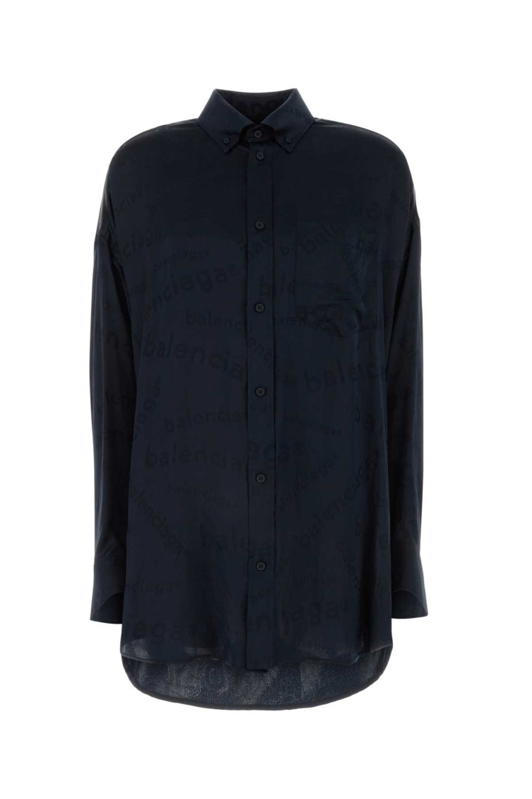Balenciaga Long Sleeves Jacquard Logo Shirt In Navy Blue