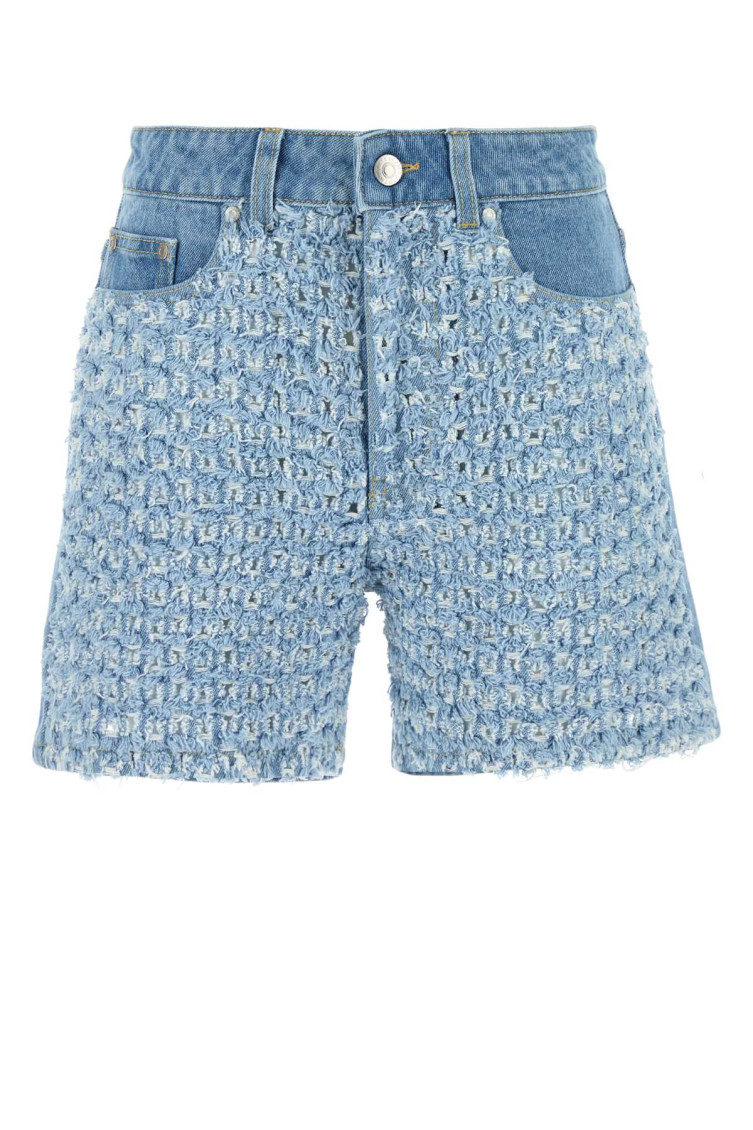 Stella Mccartney Denim Shorts With Frayed Texture And Pockets In Blue