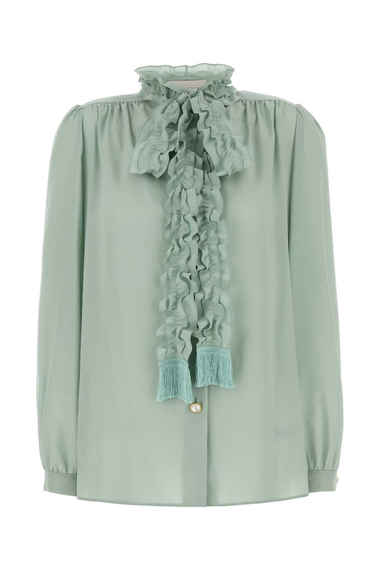 Valentino Crepe Shirt With High Neck And Ruffled Neckline In Green