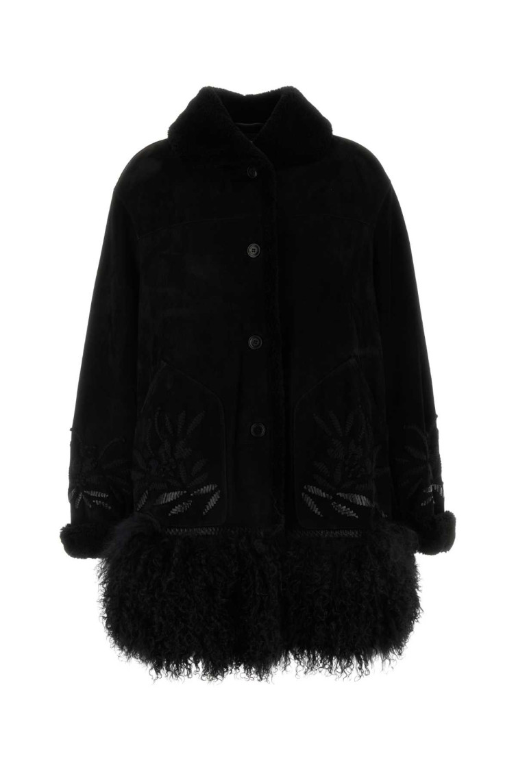 Ermanno Scervino Black Textured Coat With Embroidered Design In Black