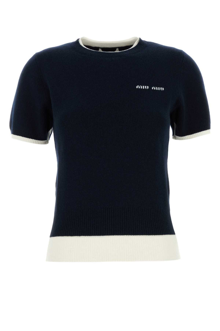 Miu Miu Navy Blue Wool Short-sleeve Sweater In Navy Blue