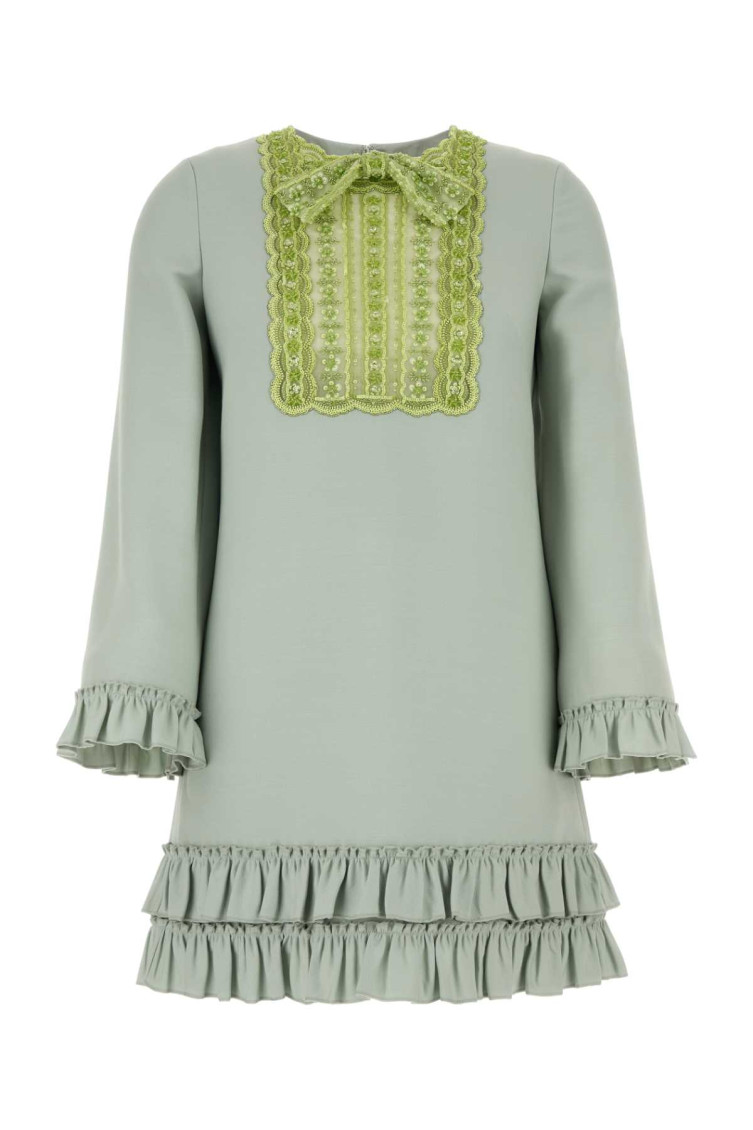 Valentino Lace Bead Sequined Bow Ruffled Hem Mini Dress In Green