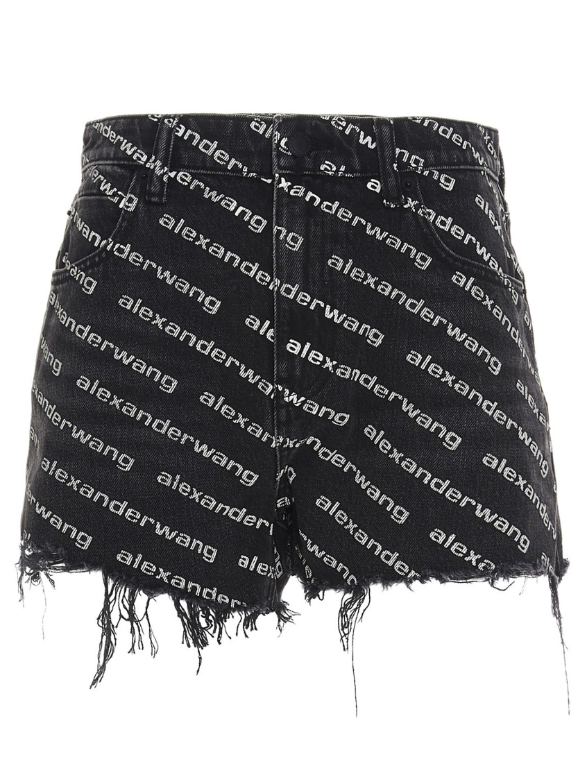 Alexander Wang Logo-print Frayed Shorts In Blackwhite