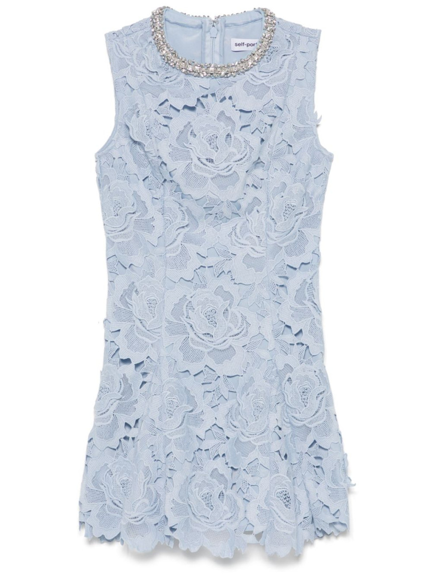 Self-portrait Bue Crewneck Mini Dress With Rhinestoned Collar And All-over Floral Lace Embroidery In Tech Fabric W In Sky Blue