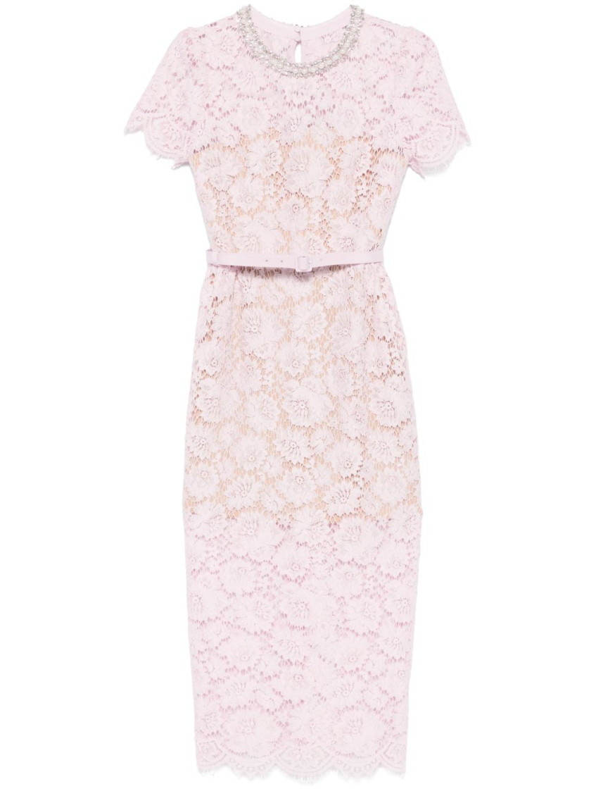Self-portrait Pink Crewneck Midi Dress With All-over Lace Embroidery And Jewel Embellishment On The Collar In Light Pink