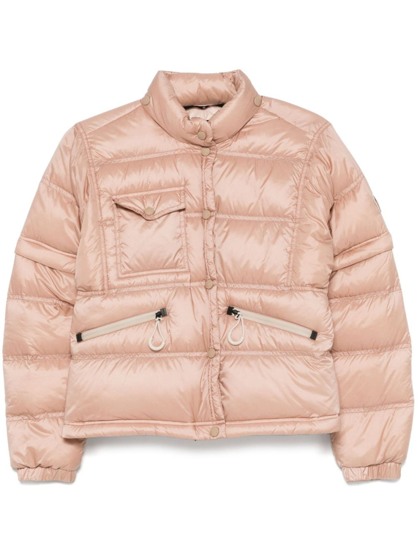 Moncler Quilted High Collar Zippered Pockets Jacket In Peach
