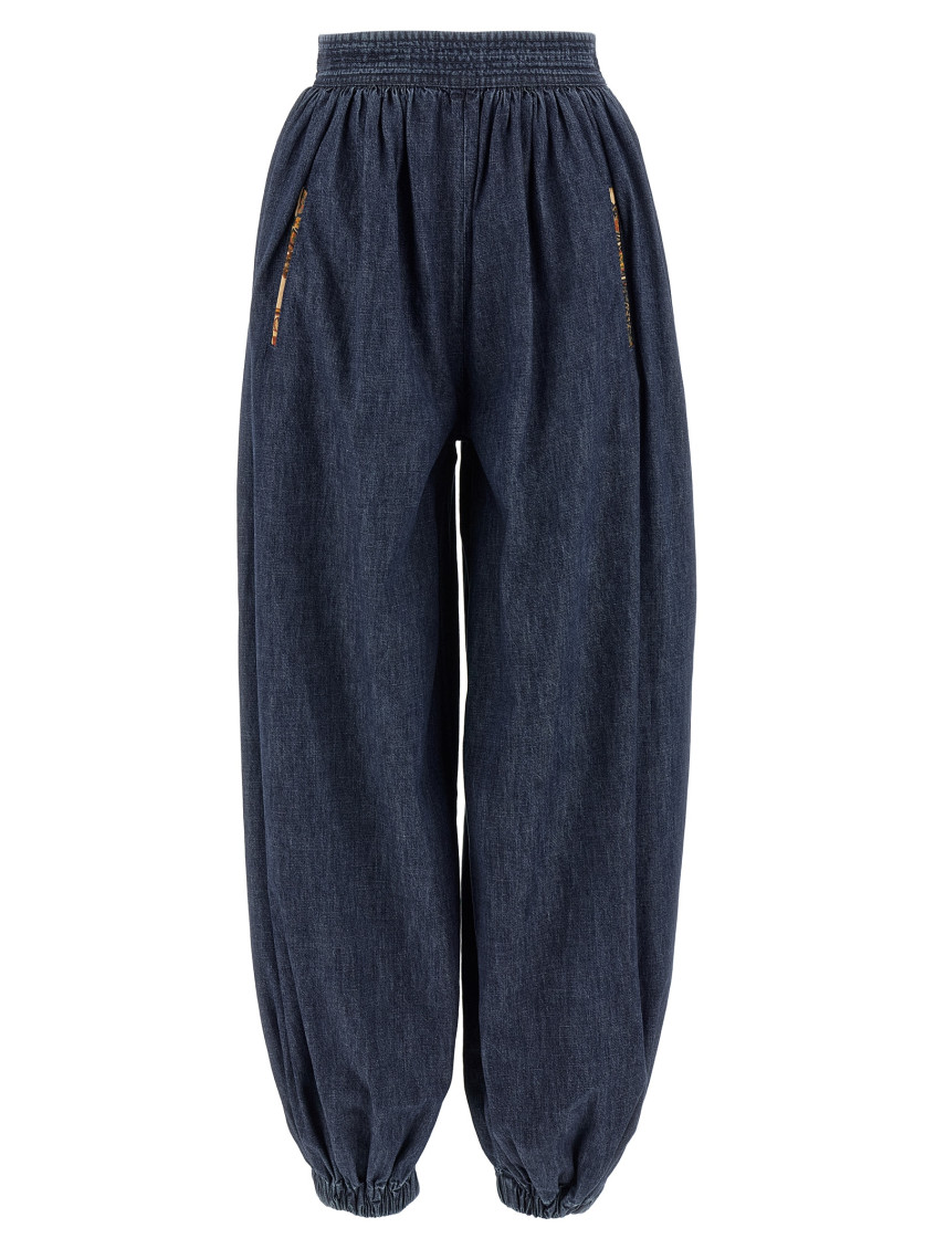 Valentino Tasseled Embroidered Chambray Tapered Pants In Blue