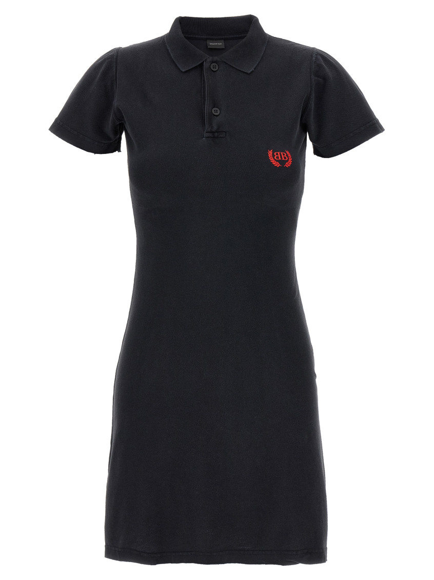 Balenciaga Black Mini Dress With Polo Shirt Style Collar And Logo Detail On The Front In Cotton Woma