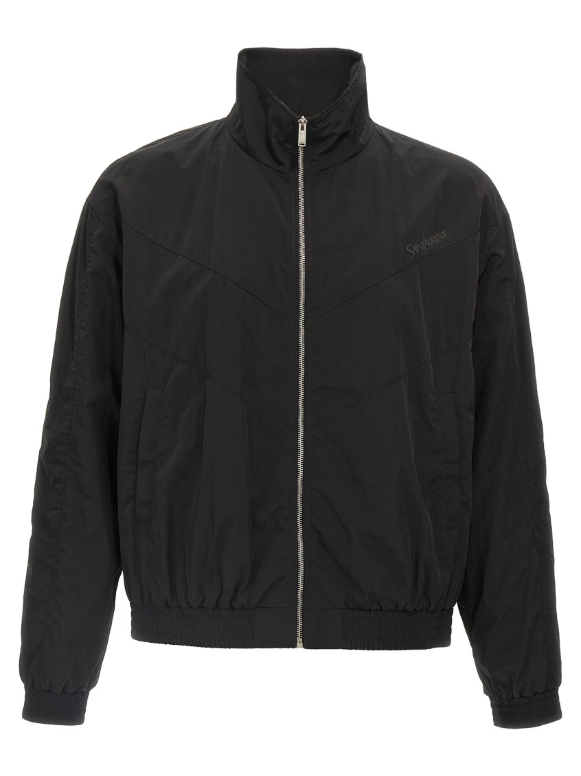 Saint Laurent Black Jacket With High Neck And Logo Lettering On The Front In Tech Fabric Man