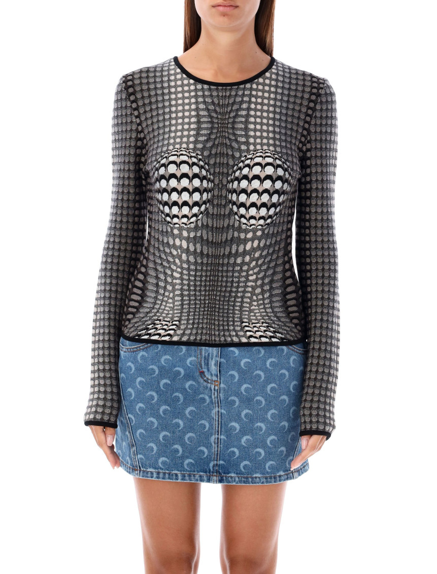 Marine Serre Gray Moon Skin Jacquard Knit Fitted Sweater