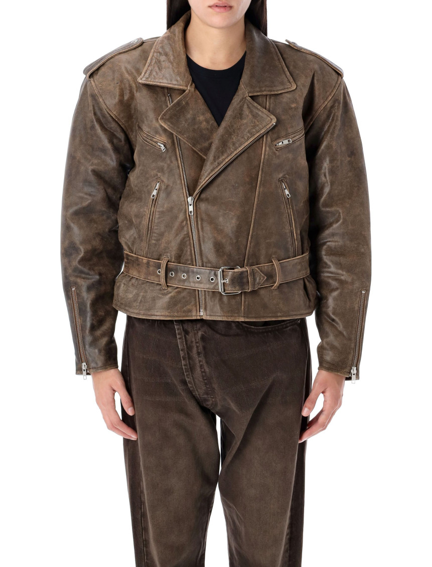 R13 Brown Exaggerated Shoulder Motorcycle Jacket