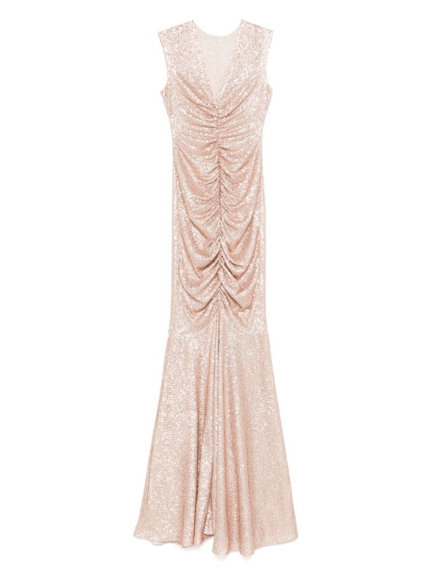 Norma Kamali Peach Fishtail Shirred Long Dress