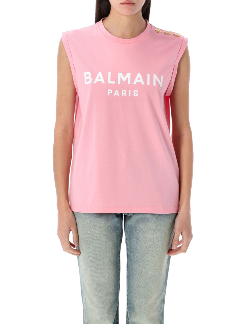 Shop Balmain Pink Sleeveless Logo Top