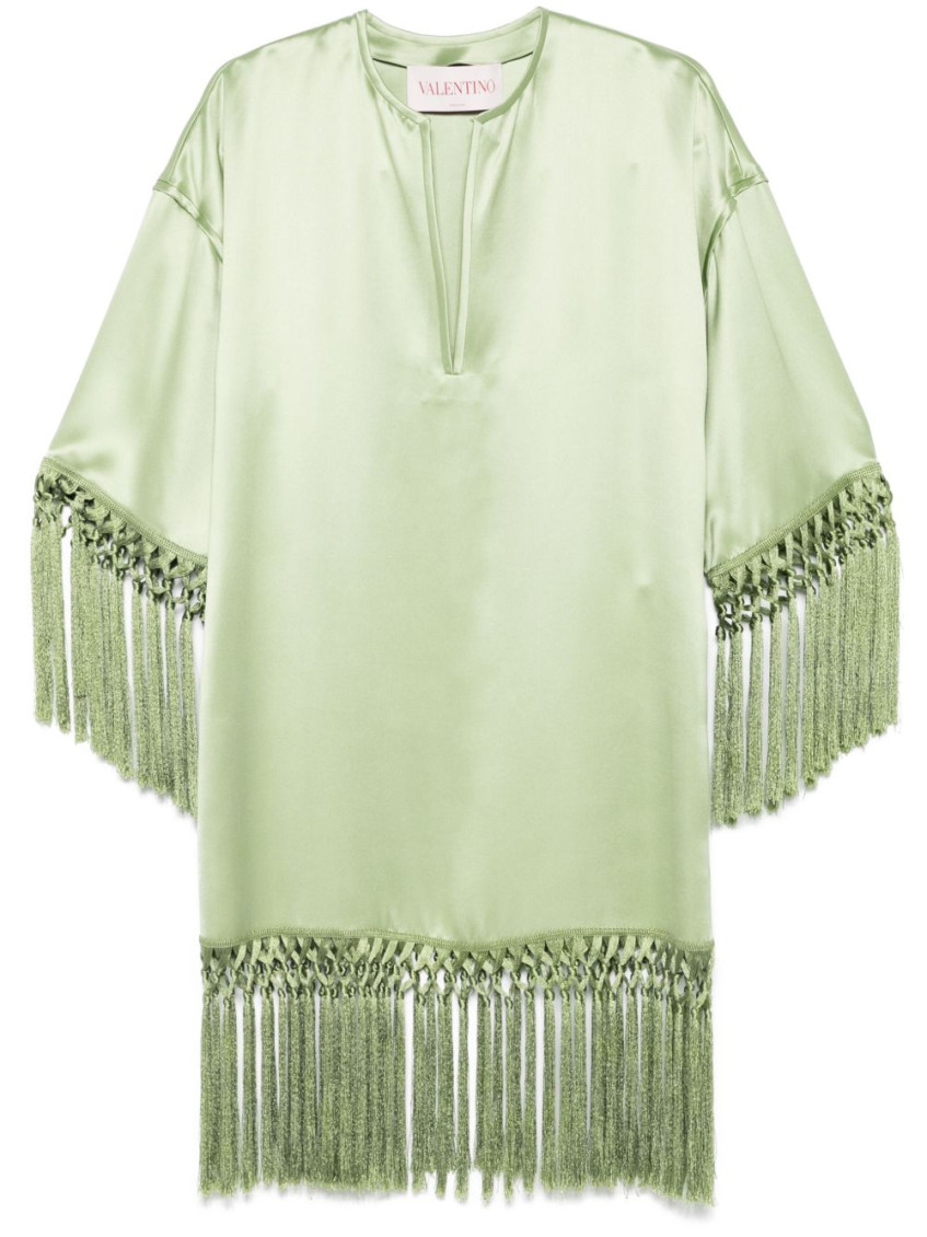 Valentino Tunic Dress In Silk Satin With Fringe