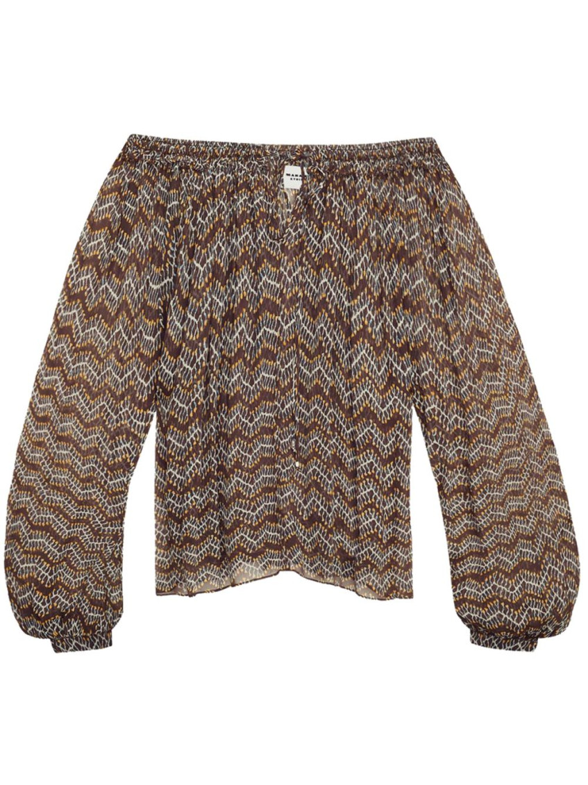 Isabel Marant Étoile Off-the-shoulder Blouse With Voluminous Sleeves And Zigzag Pattern In Brown