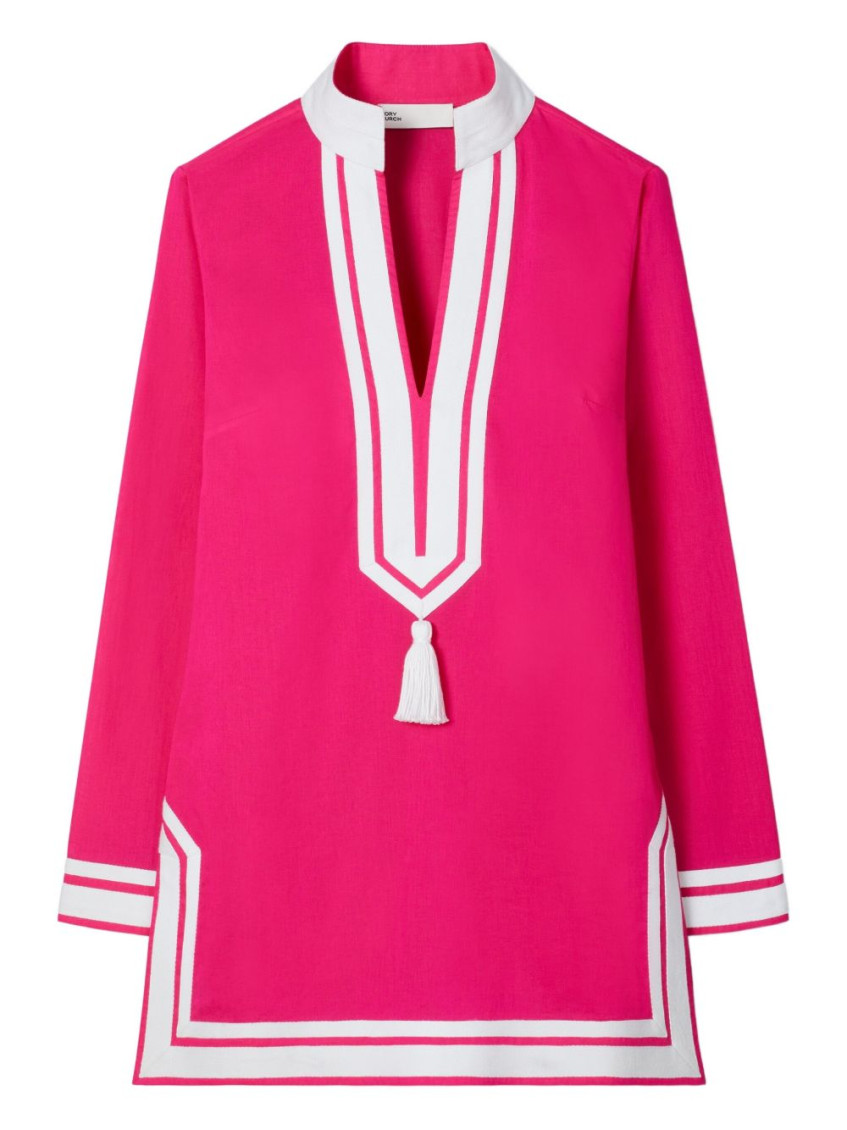 Tory Burch Tasseled Herringbone Twill-trimmed Cotton-voile Tunic In Pink