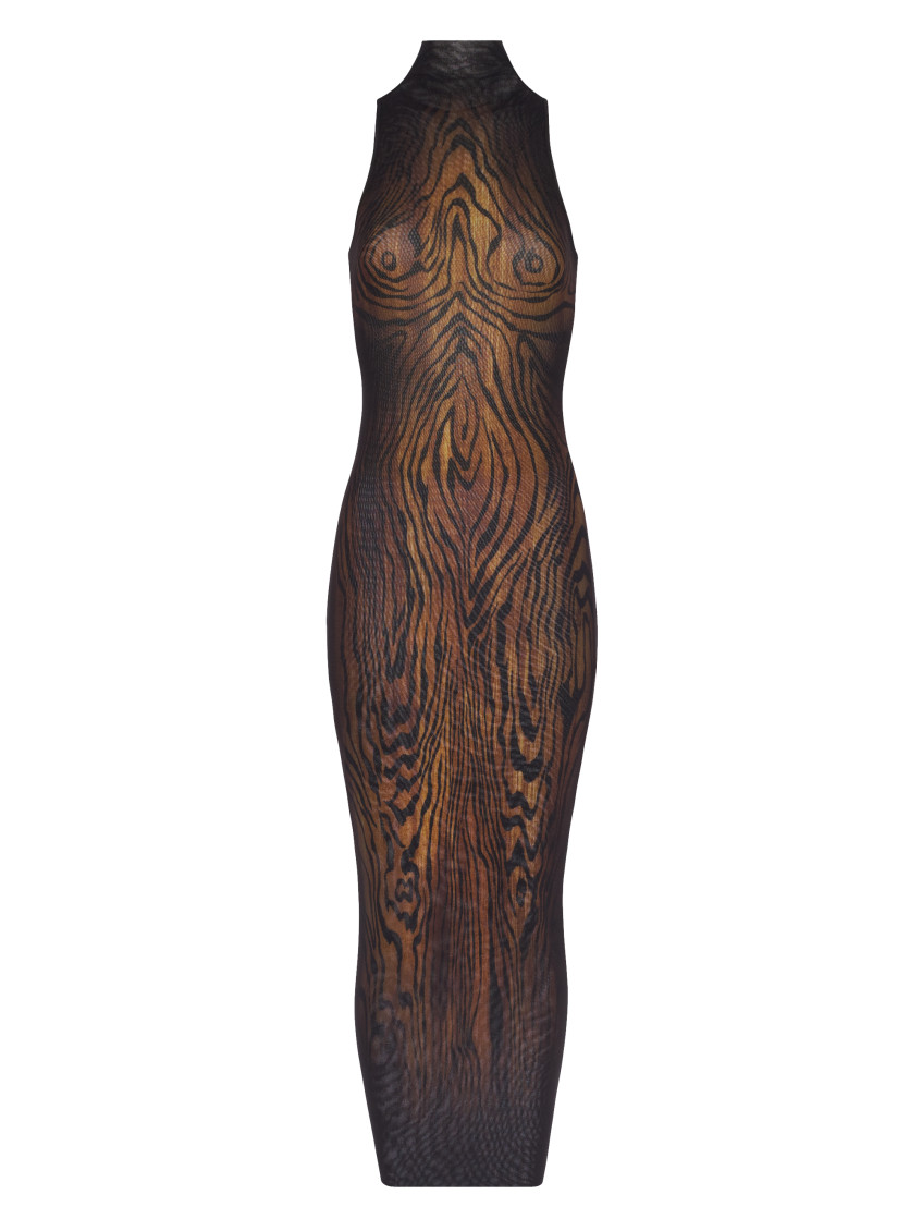 Jean Paul Gaultier Women Long Dress Double Layer Printed Wood In Brown