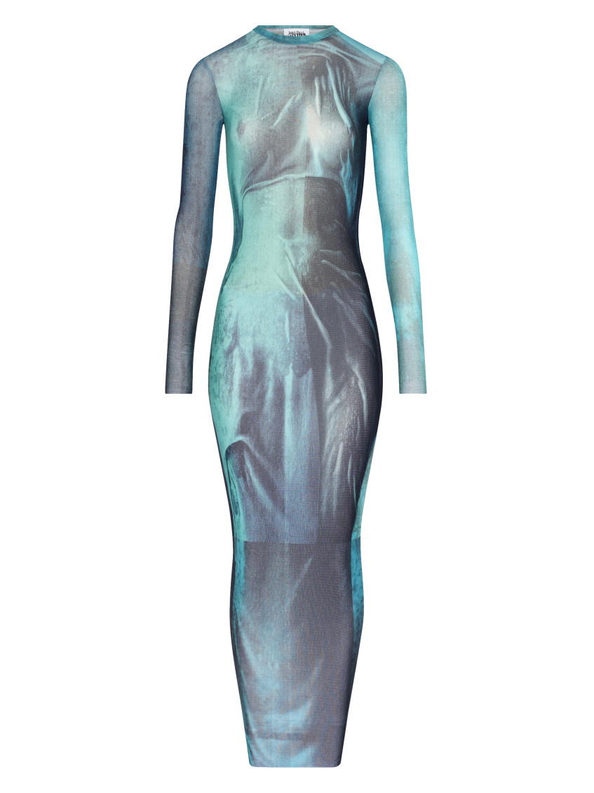 Jean Paul Gaultier Abstract Print Sheer Overlay Long Dress In Blue