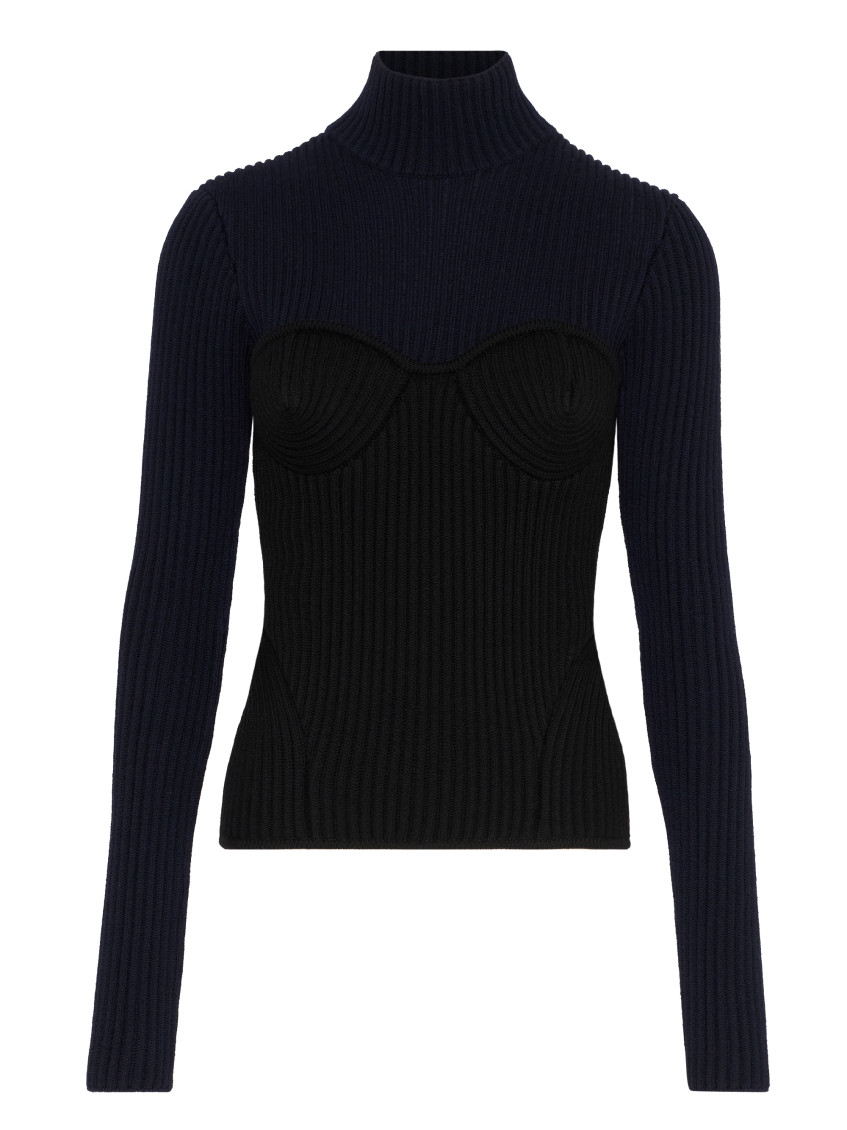 Jean Paul Gaultier Ribbed Merino Wool Turtleneck Sweater In Blue