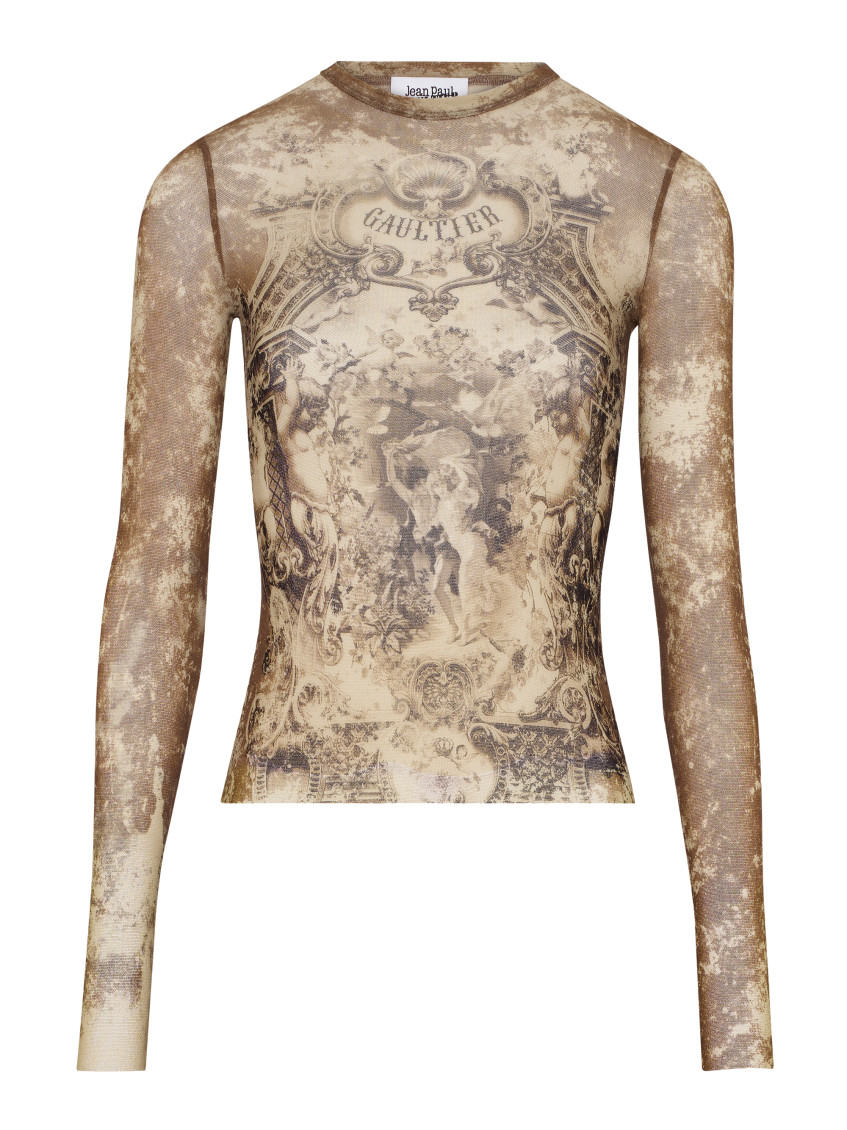Jean Paul Gaultier Mesh Long Sleeves Top Printed Medaillon Woman Multicolor In Brown