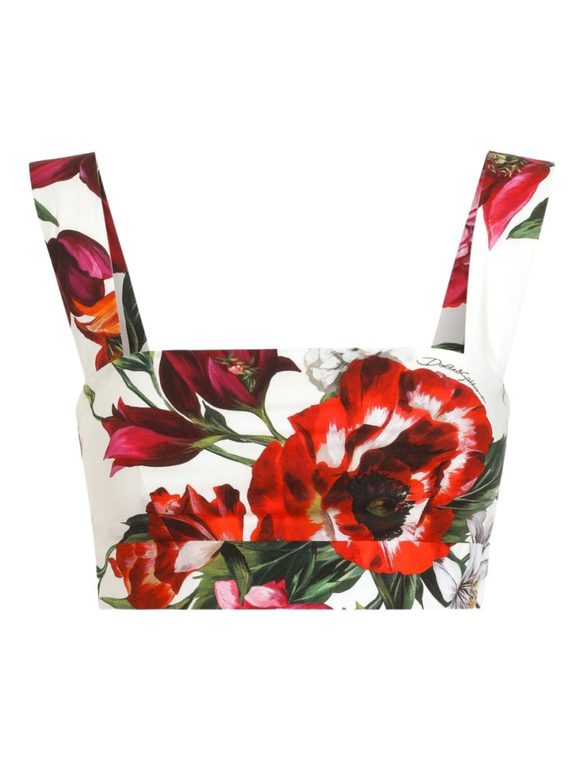 Dolce & Gabbana White Flower Print Cotton Top In Red