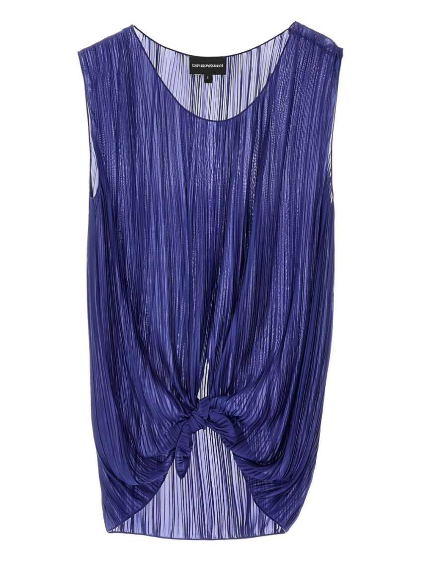 Emporio Armani Pleated Sheer Knotted Sleeveless Top In Blue