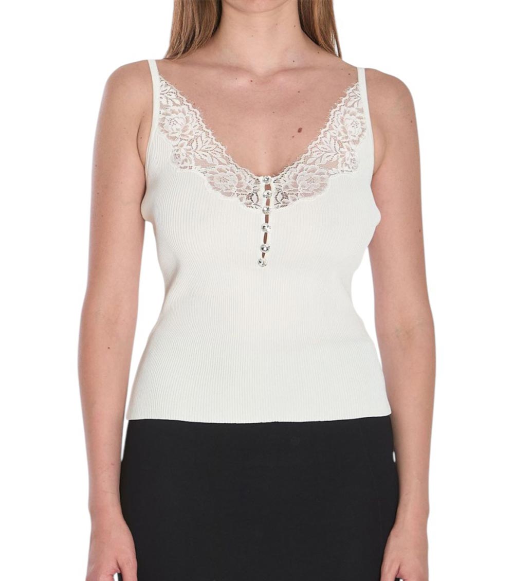 Self-portrait Lace-trimmed Ribbed Top In White