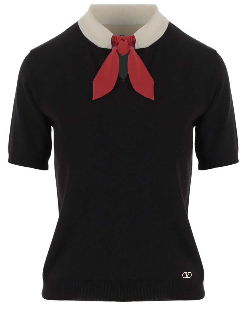 Valentino Black Solid Shirt Collar Top In Black