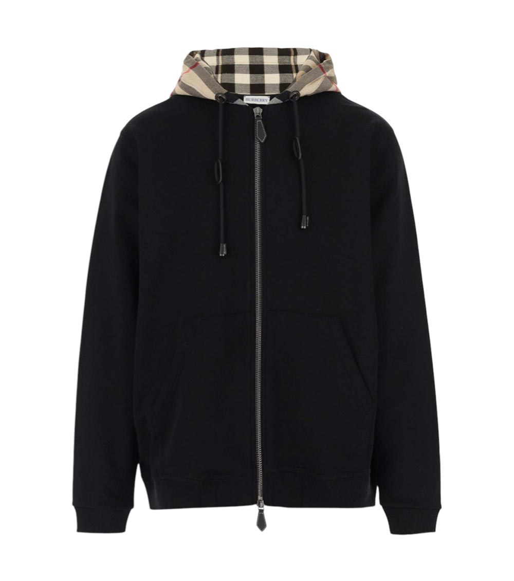 Burberry Cotton Check Pattern Drawstring Hooded Sweater With Front Zip In Black