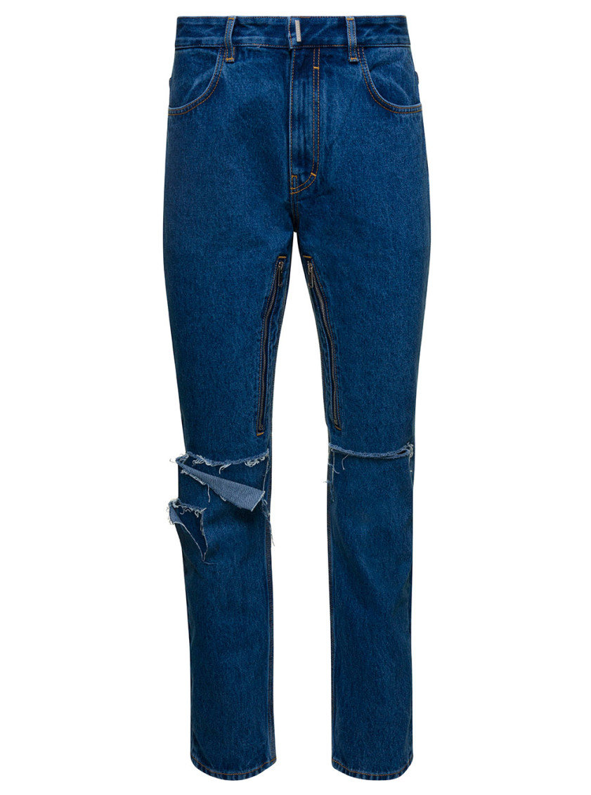 Givenchy Blue Jeans With Zip And Rips Details In Cotton Denim Man In Blue