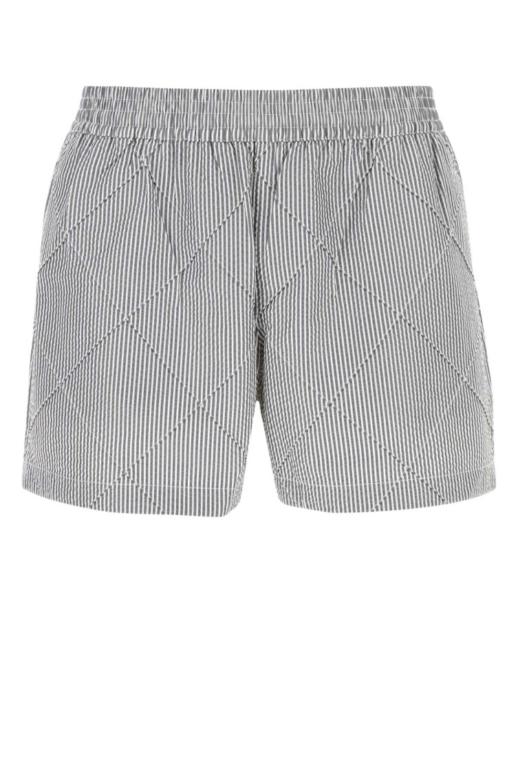 Shop Bottega Veneta Grey Embroidered Seersucker Swimming Shorts